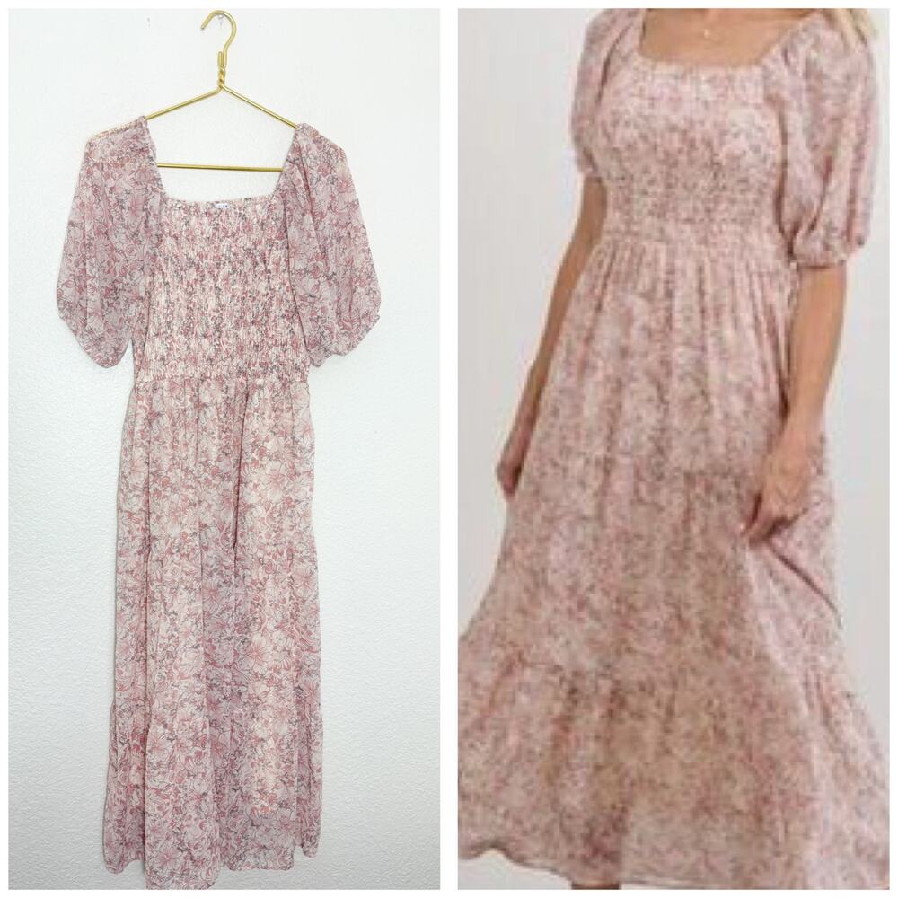 Baltic Born Pink Floral Smocked Midi Dress Size Large Coquette Cottagecore